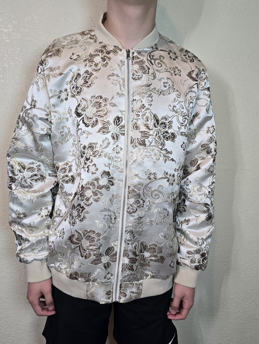 JOGAL Men's Paisley Floral Embroidered Satin Bomber Jacket. Size xl , Slim Fit - Picture 3 of 12